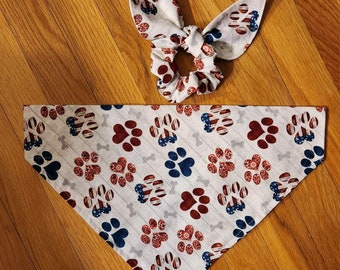 Patriotic Dog Bandana/ Red White & Blue paw print dog bandana/over the collar or Tie on/