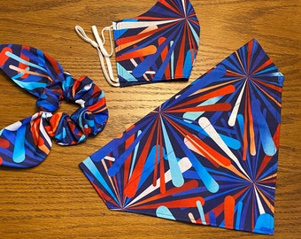 Red, White & Blue Star Bursts Dog Bandana with Matching Face Mask and Hair Scrunchie/Pet Bandana/Over Collar or Tie On Bandana/Matching Set