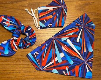 Red, White & Blue Star Bursts Dog Bandana with Matching Face Mask and Hair Scrunchie/Pet Bandana/Over Collar or Tie On Bandana/Matching Set