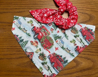 Red Trucks Christmas Dog Bandana/Pet Bandana/Christmas Red Trucks with Red Snowflakes Hair Scrunchie/Over Collar or Tie ON Bandana