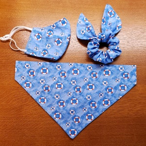 Summer Life Preserver Dog Bandana with Matching Face Mask and Hair Scrunchie/Over Collar Dog Bandana/Tie On Dog Bandana/Lifeguard Dog Bndana