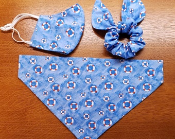 Summer Life Preserver Dog Bandana with Matching Face Mask and Hair Scrunchie/Over Collar Dog Bandana/Tie On Dog Bandana/Lifeguard Dog Bndana