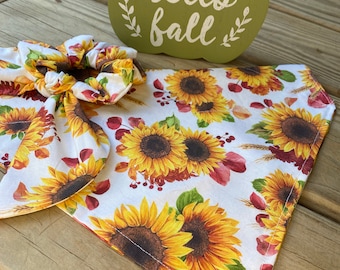 Fall Sunflower Dog Bandana with matching Hair Scrunchie and Face Mask/Pet Bandana/Fall Matching Set/Cat Bandana/Sunflowers/Gift/dog bandana