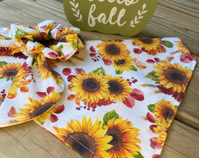 Featured listing image: Fall Sunflower Dog Bandana with matching Hair Scrunchie and Face Mask/Pet Bandana/Fall Matching Set/Cat Bandana/Sunflowers/Gift/dog bandana
