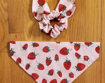 Strawberry Dog Bandana/ Matching Hair Scrunchie and Face Mask/Pet Bandana/Over the Collar or Tie ON Bandana/Strawberry Sets