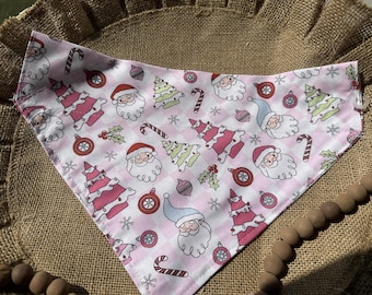 Christmas Dog Bandana/Pink Christmas Bandana/ Pink and white plaid with Santas, trees,/Dog, Cat, Pet Bandana/Matching Hair Scrunchie