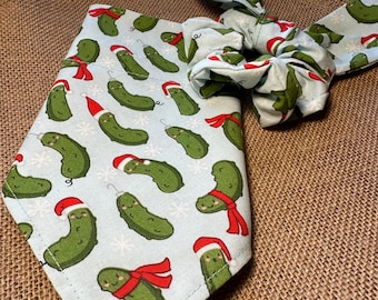 Christmas Pickle Dog Bandana/Pickles/Pickles with Santa hats bandana/over the collar/tie on/Dog, Cat, Pet Bandana/Matching Hair Scrunchie