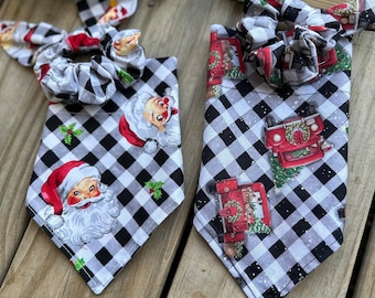 Christmas Dog Bandana/Black & white plaid with Santa's/Black White plaid with Red Trucks/Over the Collar or Tie On Bandanas/