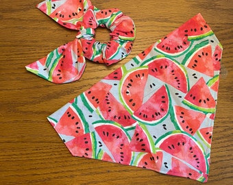 Watermelon Slices Dog Bandana with Matching Owner Face Mask and Hair Scrunchie/Over the Collar or Tie On Bandana/Pet Bandana/Cat Bandana/SET