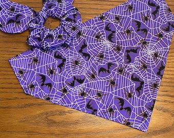 Purple Spider Webs Dog Bandana/Pet Bandana/Halloween Spiders and Spider webs/matching Hair Scrunchie and Face Mask/Halloween sets/Match Set