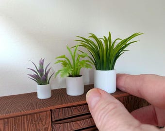 1:12th Scale Dollhouse Miniatures. A Set of Three Plants in White Round PLA Pots.