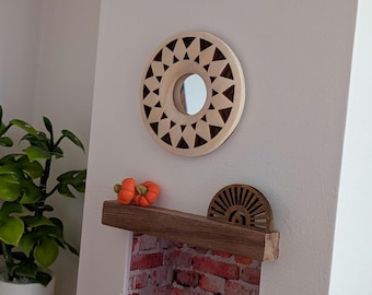 1:12th Scale Dollhouse Miniature. Bevelled Natural Wood Mirror, 5cm Diameter.
