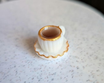 1:12th Scale Dollhouse Miniature. Two White and Gold Tea/Coffee Cups.