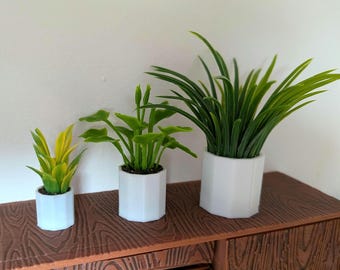 1:12th Scale Dollhouse Miniatures. A Set of Three Plants in White Hexagonal PLA Pots.