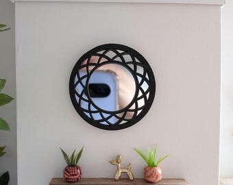 1:12th Scale Dollhouse Miniature. Hand Painted Dark Wood Mirror, 5cm Diameter.