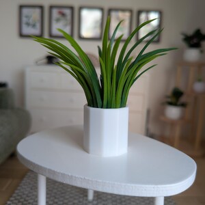 Puede incluir: Una pequeña maceta geométrica blanca con plantas verdes vibrantes parecidas a hierba. La maceta está colocada sobre una mesa de centro ovalada blanca. La escena está ambientada en un salón moderno y bien iluminado.
