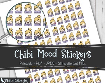 Chibi Girl Mood Tracker Stickers, Printable Planner Stickers, Kawaii Planner Stickers, Silhouette Cut Files, Functional Planner Stickers