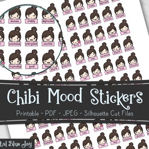 Chibi Girl Mood Tracker Stickers, Printable Planner Stickers, Kawaii Planner Stickers, Silhouette Cut Files, Functional Planner Stickers