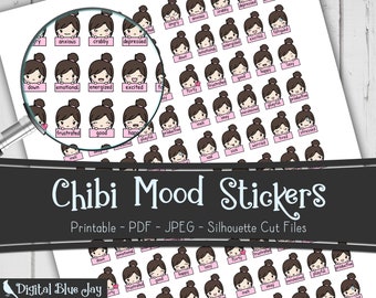 Chibi Girl Mood Tracker Stickers, Printable Planner Stickers, Kawaii Planner Stickers, Silhouette Cut Files, Functional Planner Stickers