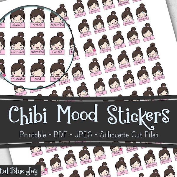 Chibi Girl Mood Tracker Stickers, Printable Planner Stickers, Kawaii Planner Stickers, Silhouette Cut Files, Functional Planner Stickers