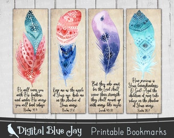 Printable Bookmarks - Watercolor Feather Bible Verse Bookmarks - Instant Download - Digital Bookmarks - Scripture Bookmarks