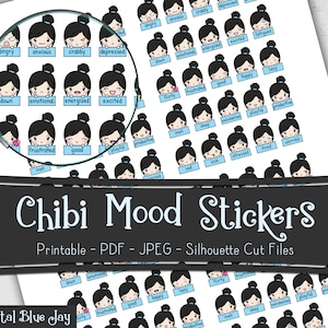 Chibi Girl Mood Tracker Stickers, Printable Planner Stickers, Kawaii Planner Stickers, Silhouette Cut Files, Functional Planner Stickers