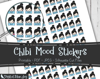 Chibi Girl Mood Tracker Stickers, Printable Planner Stickers, Kawaii Planner Stickers, Silhouette Cut Files, Functional Planner Stickers