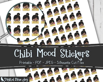Chibi Girl Mood Tracker Stickers, Printable Planner Stickers, Silhouette Cut Files, Functional Planner Stickers