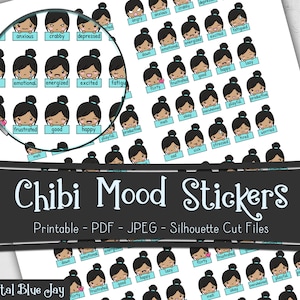 May include: A set of printable chibi mood stickers featuring various emotions, including happy, sad, angry, and frustrated. The stickers are designed with cute cartoon characters and are perfect for adding a touch of personality to planners, journals, and other items.