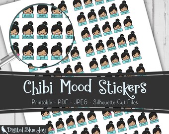 Chibi Girl Mood Tracker Stickers, Printable Planner Stickers, Kawaii Planner Stickers, Silhouette Cut Files, Functional Planner Stickers