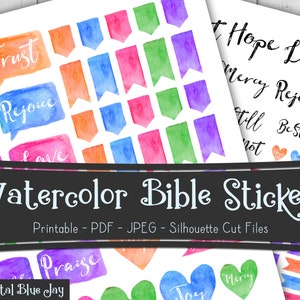 Bible Journal Stickers, Printable Watercolor Stickers, Bible Journaling, Christian Planner, Silhouette Cut Files, Printable Planner Stickers