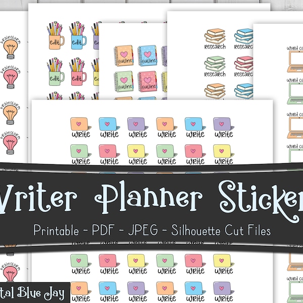 Writer Printable Planner Stickers Bundle, Write Brainstorm Outline Edit Word Count, Author Writing Planning, Cut Files, Functional Stickers
