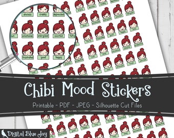 Chibi Girl Mood Tracker Stickers, Printable Planner Stickers, Kawaii Planner Stickers, Silhouette Cut Files, Functional Planner Stickers