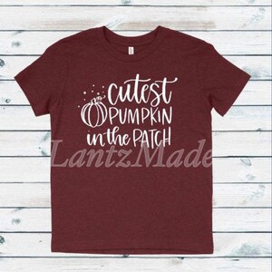 May include: A maroon t-shirt with the text "Cutest Pumpkin in the Patch" in white lettering. The text is in a handwritten font and includes a small pumpkin graphic.