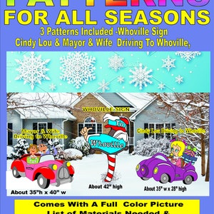 WHOVILLE Sign, Cindy Lou Driving, Mayor and Wife Driving to Whoville, 3 Woodworking Patterns in set, Yard Art, PATTERNSRUS easy to make