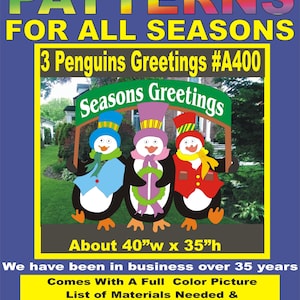 3 PENGUIN GREETINGS  Christmas Woodworking pattern, Yard Art, PATTERNSRUS full size patterns mailed out to you, fun and easy to make