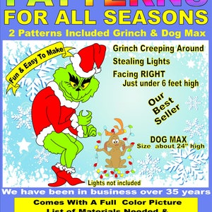Peut inclure: Modèles de menuiserie pour un présentoir Grinch et chien Max. Le Grinch est vert, porte un bonnet et un costume de Père Noël rouges, tourné vers la droite. Le chien Max est marron avec des bois et des guirlandes lumineuses. Texte inclus : Woodworking Patterns For All Seasons, 2 Patterns Included Grinch & Dog Max, Fun & Easy To Make, Grinch Creeping Around Stealing Lights Facing RIGHT Just under 183 cm high, Our Best Seller, DOG MAX Size about 61 cm high, Lights not included, We have been in business over 35 years, Comes With A Full Color Picture List of Materials Needed & Instructions To Make This Easy Display, Many More Patterns @ Patternsrus.com.