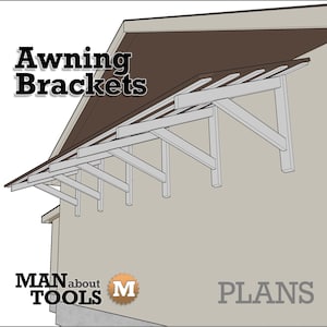 Puede incluir: Ilustración de soportes de toldo fijados a un edificio. Los soportes son de madera clara y sostienen un toldo marrón. El texto "Awning Brackets" se muestra en la parte superior, con "MAN about TOOLS" y "PLANS" visibles.