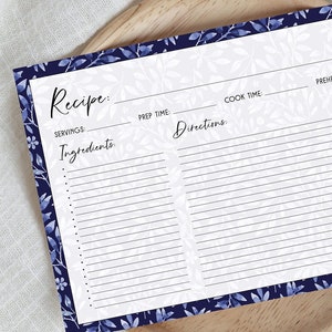 Cartão vazio floral da receita da aguarela azul do tom imprimível | Design Dupla Face | Imprimir em casa | Dois cartões de 5"x7" por folha de 8,5"x11"