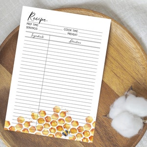 Watercolor Bumblebee & Honeycomb Blank Printable Recipe Card | Library Card Style | Double Sided Design | Print At Home | 2 Cards Per Sheet
