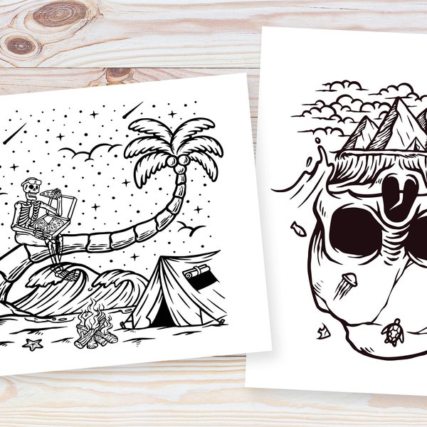 100 Assorted Skeleton Vacation Themed Coloring Pages | PG-13+ | High Quality Camping, Beach, Desert Designs | Print At Home | Skulls | Goth