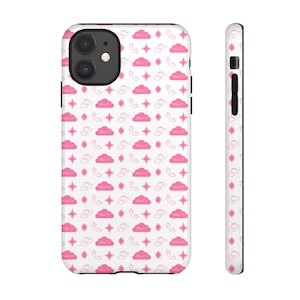 May include: A white phone case with a repeating pattern of pink clouds, hats, stars, and telephone icons. The word "Cloud 9" is printed on the clouds. The case is shown from the front and side.