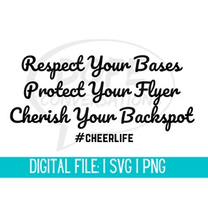 Könnte beinhalten: Schwarz-weißes Text-Grafik mit den Worten "Respect Your Bases", "Protect Your Flyer" und "Cherish Your Backspot" in einer stilisierten Schriftart. Der Text befindet sich in einer Sprechblase mit dem Hashtag "#CHEERLIFE" darunter. Der Text "DIGITAL FILE: I SVG I PNG" befindet sich unter der Sprechblase.