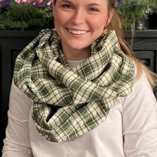 100% CottonFlannel  for whole family  green and beige Plaid Scarf, All Sizes (Adult and Child) Cotton Flannel