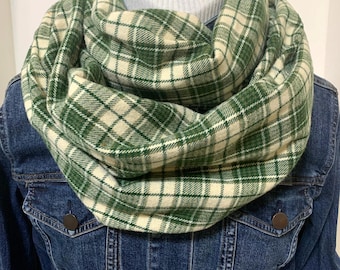 Forest Green 100% Cotton Flannel  for whole family green and beige Plaid Scarf, All Sizes (Adult and Child) Christmas and all season