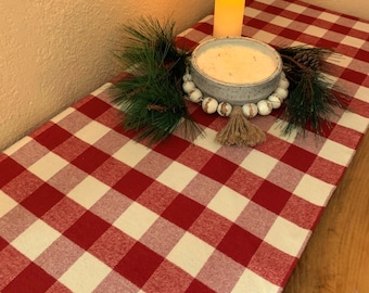 Cream and Red Buffalo Plaid Cotton Flannel Table Runner 10" and 14" width , many length options easy to wash and dry 2" squares .