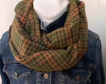 Forest, Olive Green and Orange 100 % cotton flannel scarf, soft and easy to wash and wear all sizes available for everyone on your list