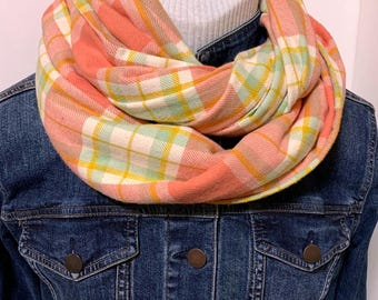 Peach Plaid Flannel Scarf, Soft Cotton, All Sizes