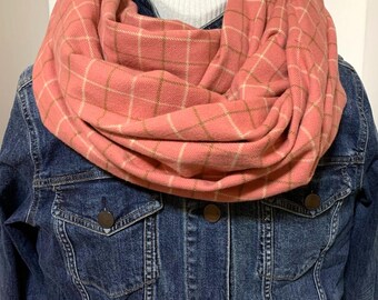 Dusty Rose with Beige and brown stripes Plaid Scarf, 100% Cotton Flannel,  All Sizes (Adult and Child) Woven Cotton