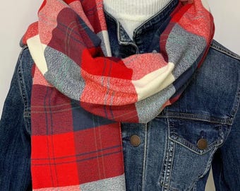 Red, Blue and White cotton flannel scarf, soft and beautiful   all sizes for everyone on your list